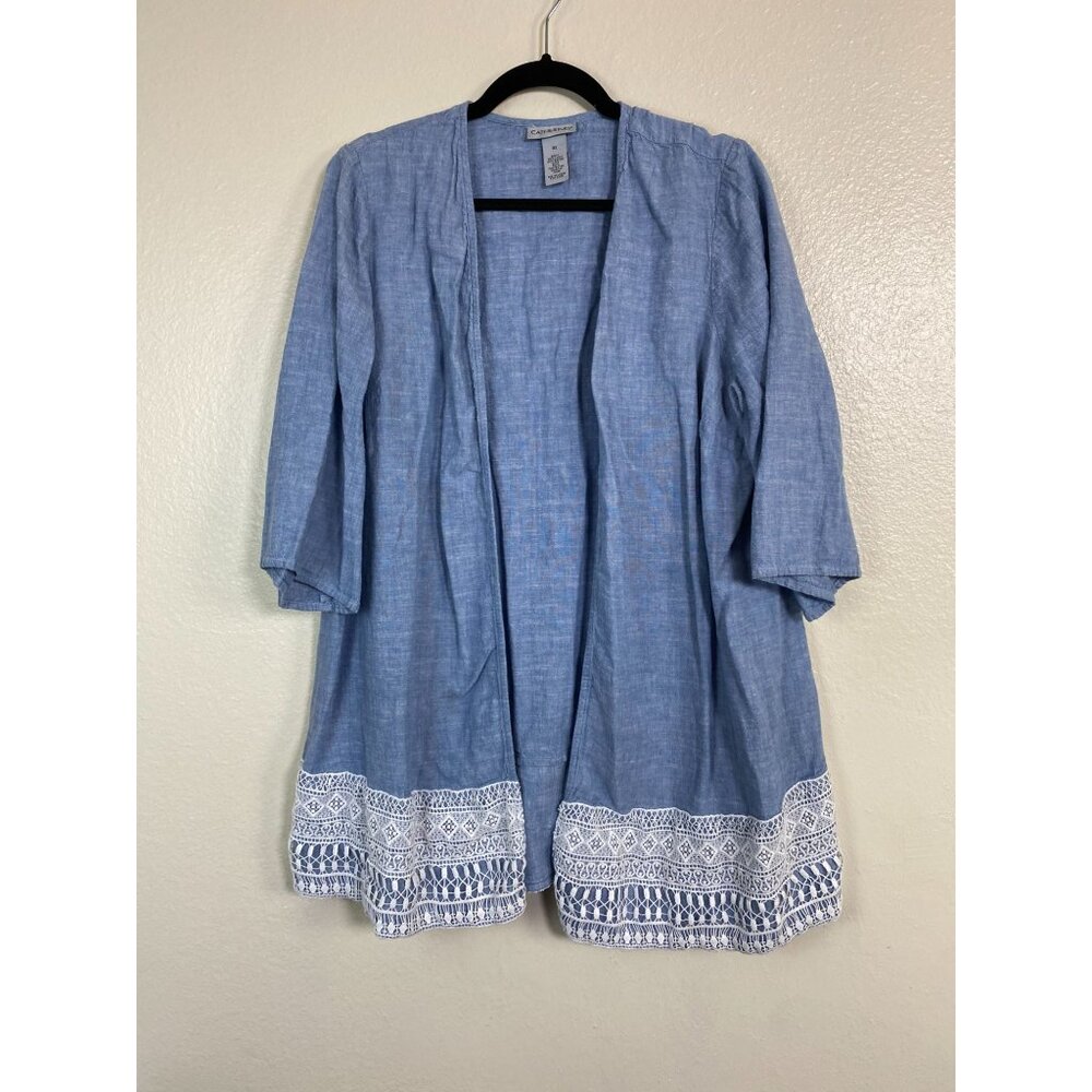 Catherines Womens Blue Linen Blend Open Front Cardigan size XL 0X vacation beach